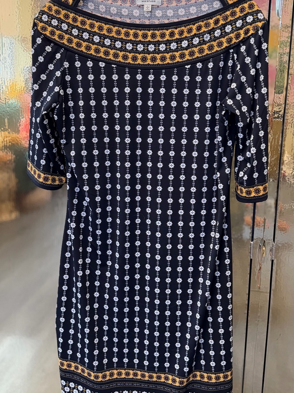 MAXSTUDIO Printed Shift Dress | Large | Black Boho Floral 3/4 Sleeve Stretch
